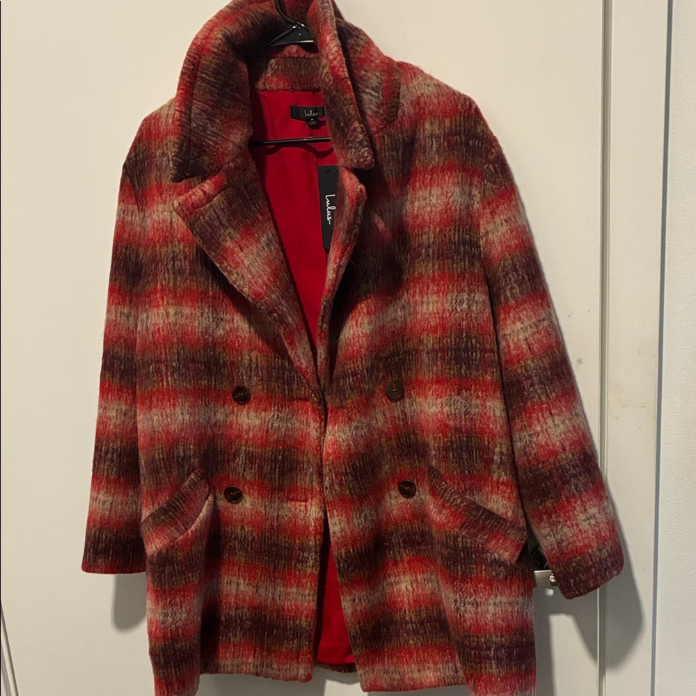 Lulu's Red and Brown Plaid Pea Coat
